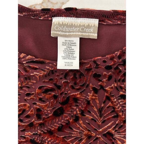 Coldwater Creek Tunic Velvet Burnout Shirt Burgundy Multi Whimsy Floral - Picture 6 of 9
